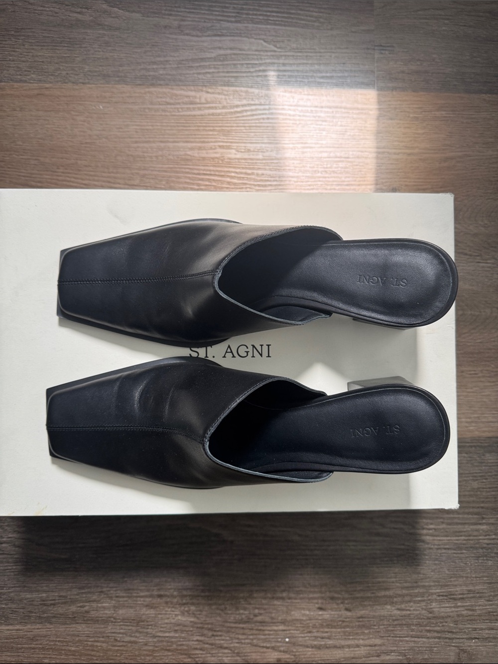 St. Agni Black Leather Square-Toe Block Heel Mules - Picture 2 of 7
